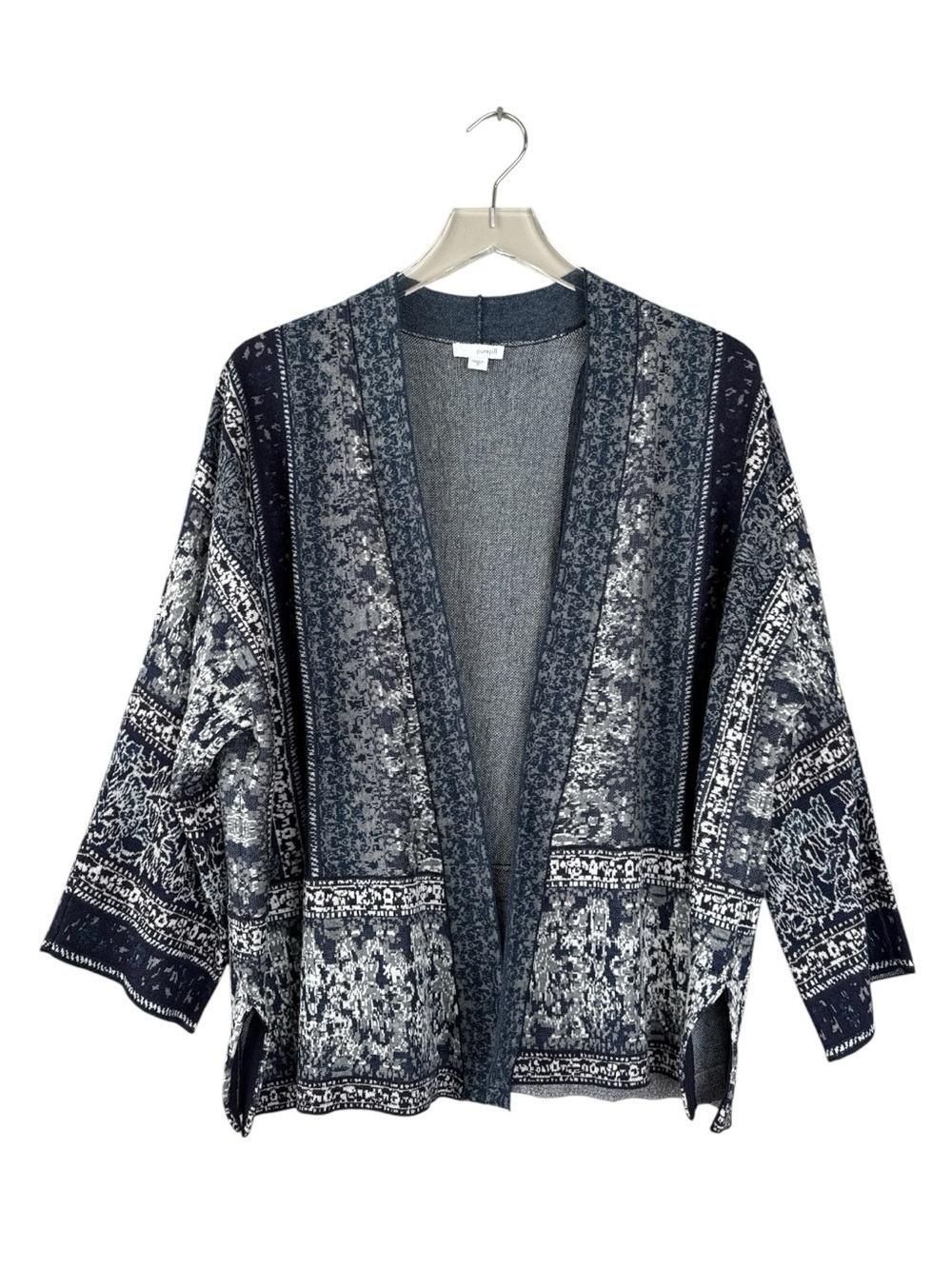 Pure Jill Open Front Knit Cardigan Sweater | Blue & White Boho Print  Medium